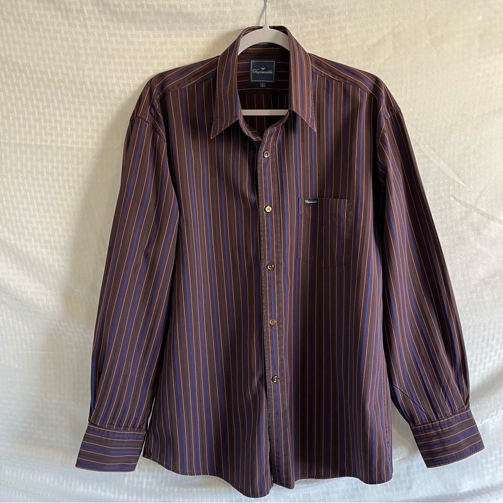 Faconnable Button Up Long Sleeve Shirt Maroon With Stripes Size Large